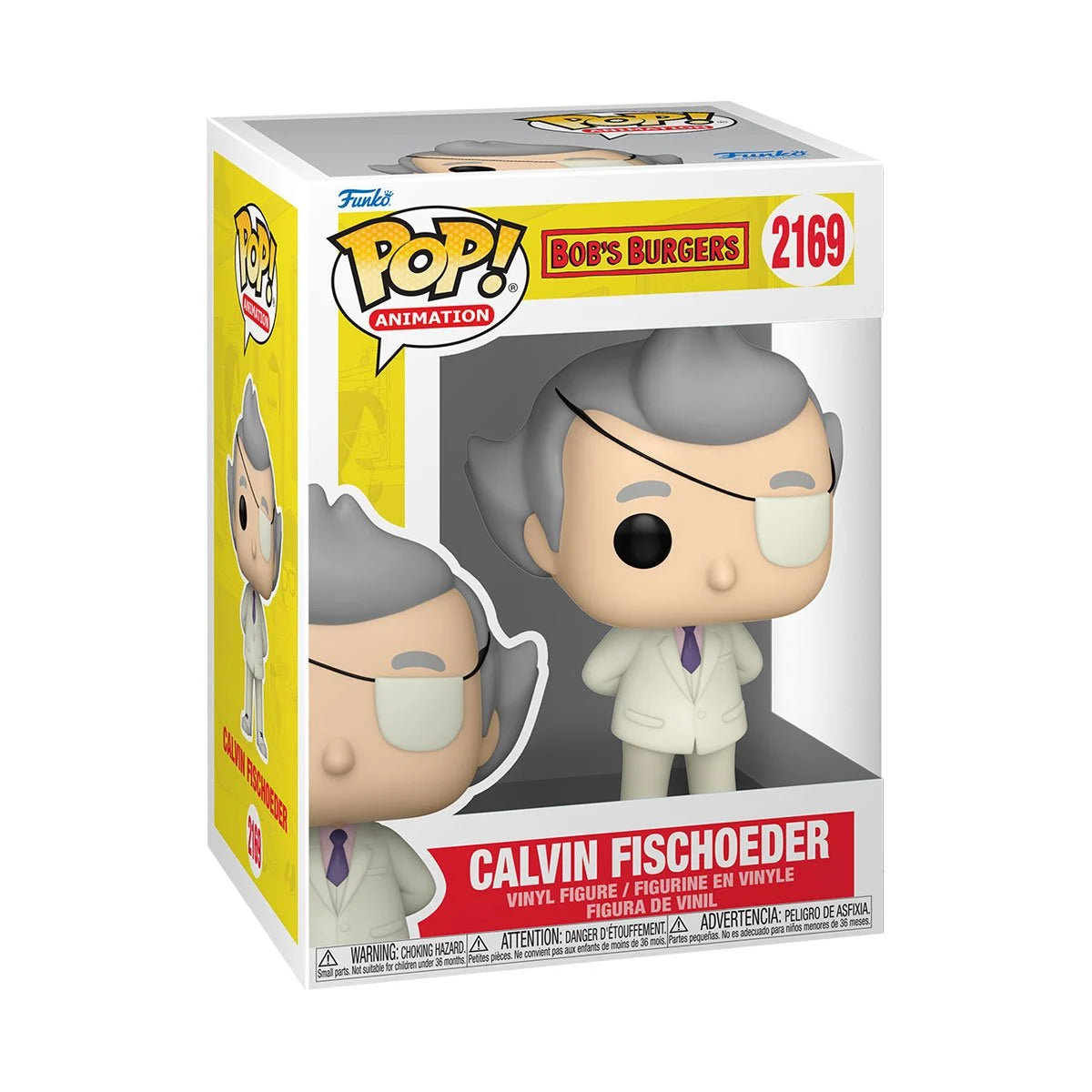 A cardboard box with a transparent front, containing a bobblehead figure depicting Calvin Fischoeder from Bob's Burgers, in a white suit and purple tie. He has a white eye patch covering his left eye.