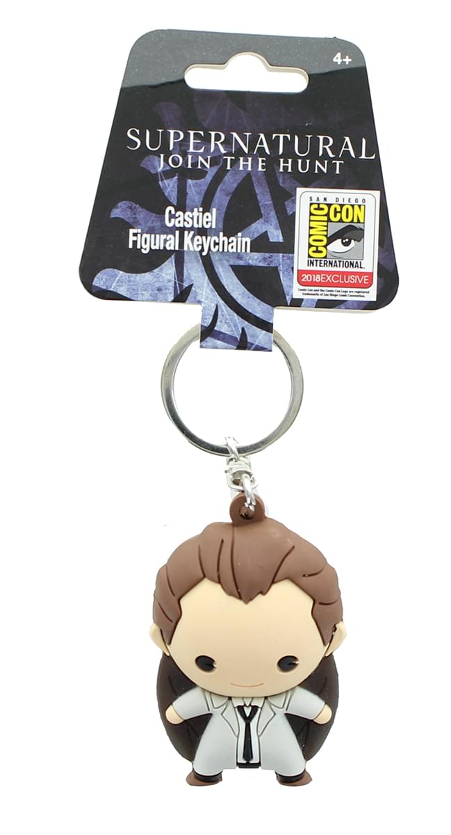 A foam keychain depicting the angel Castiel, with black wings.