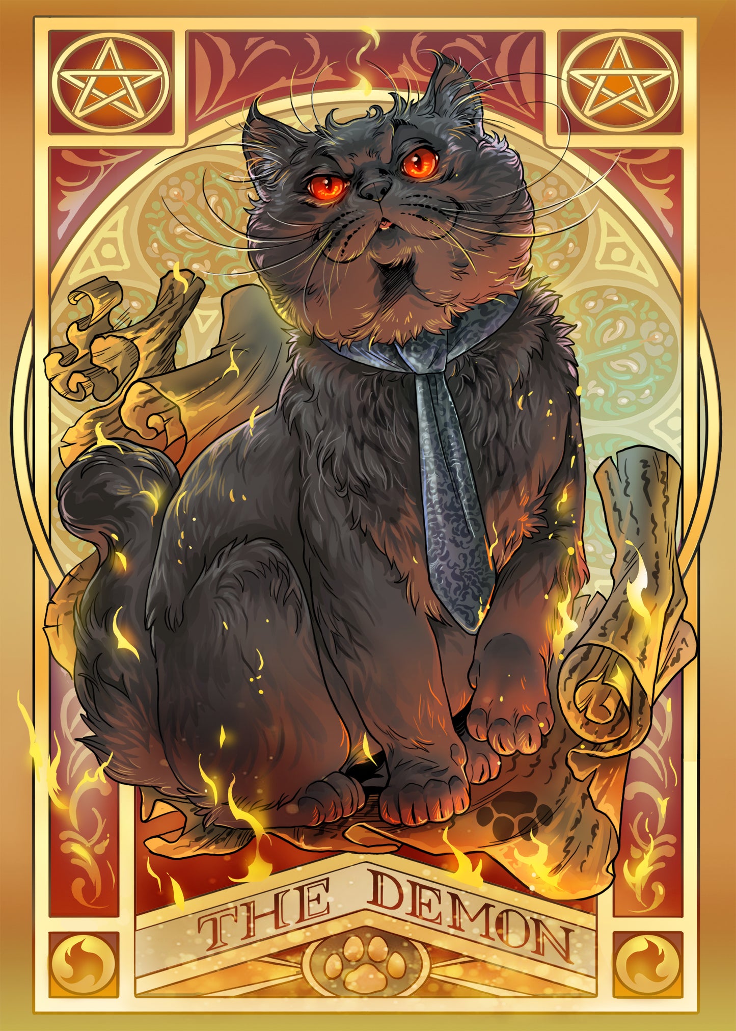 A drawing of a black cat sitting on a scroll, surrounded by flames. At the top corners are pentagrams. Under the cat is yellow text that says "The Demon." The cat is wearing a dark blue tie, and has glowing red eyes.