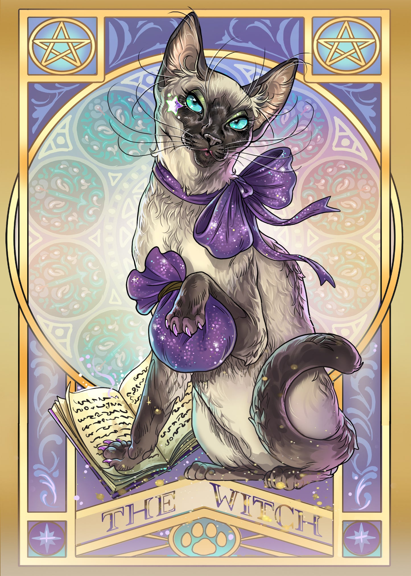 A drawing of a Siamese cat wearing a purple ribbon, and clutching a purple drawstring bag. The cat's front paw is on a spell book. In the background is a pattern of stained-glass style circles. At the top corners are yellow pentagrams. Purple text at the bottom says "The Witch."