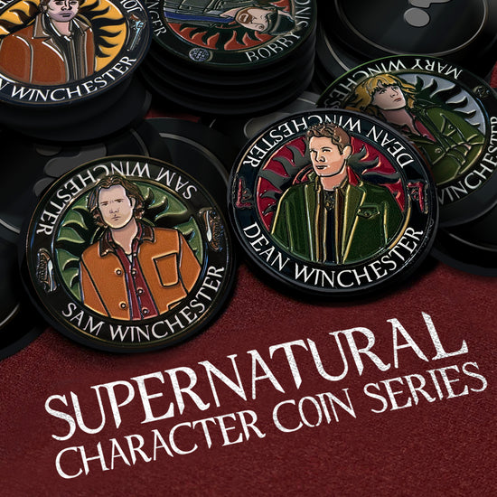 A pile of coins on a maroon table top. There are coins depicting Dean, Sam, Mary, and John Winchester, and also a coin depicting Bobby Singer. The other coins are black with a grey question mark in their center. At the bottom is white text that says "Supernatural character coin series."