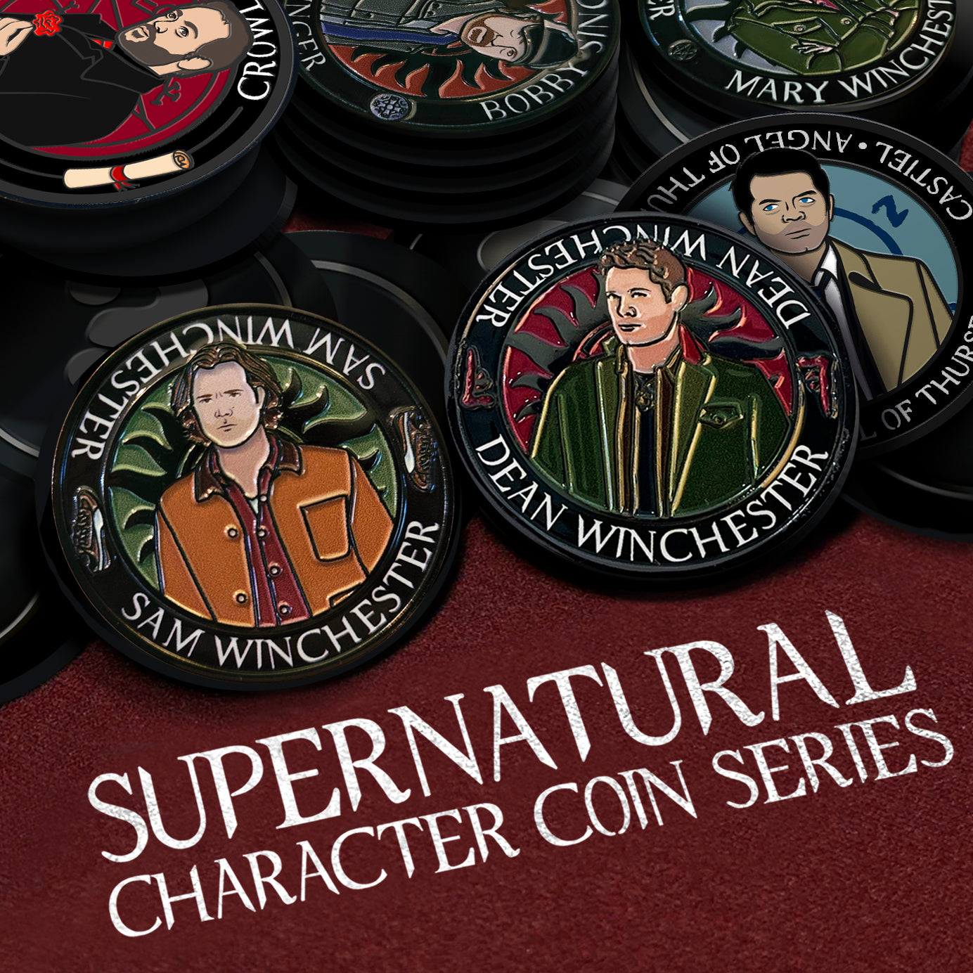A pile of coins on a maroon table top. There are coins depicting Dean, Sam, and Mary Winchester, Bobby Singer, Crowley, and Castiel. The other coins are black with a grey question mark in their center. At the bottom is white text that says "Supernatural character coin series."