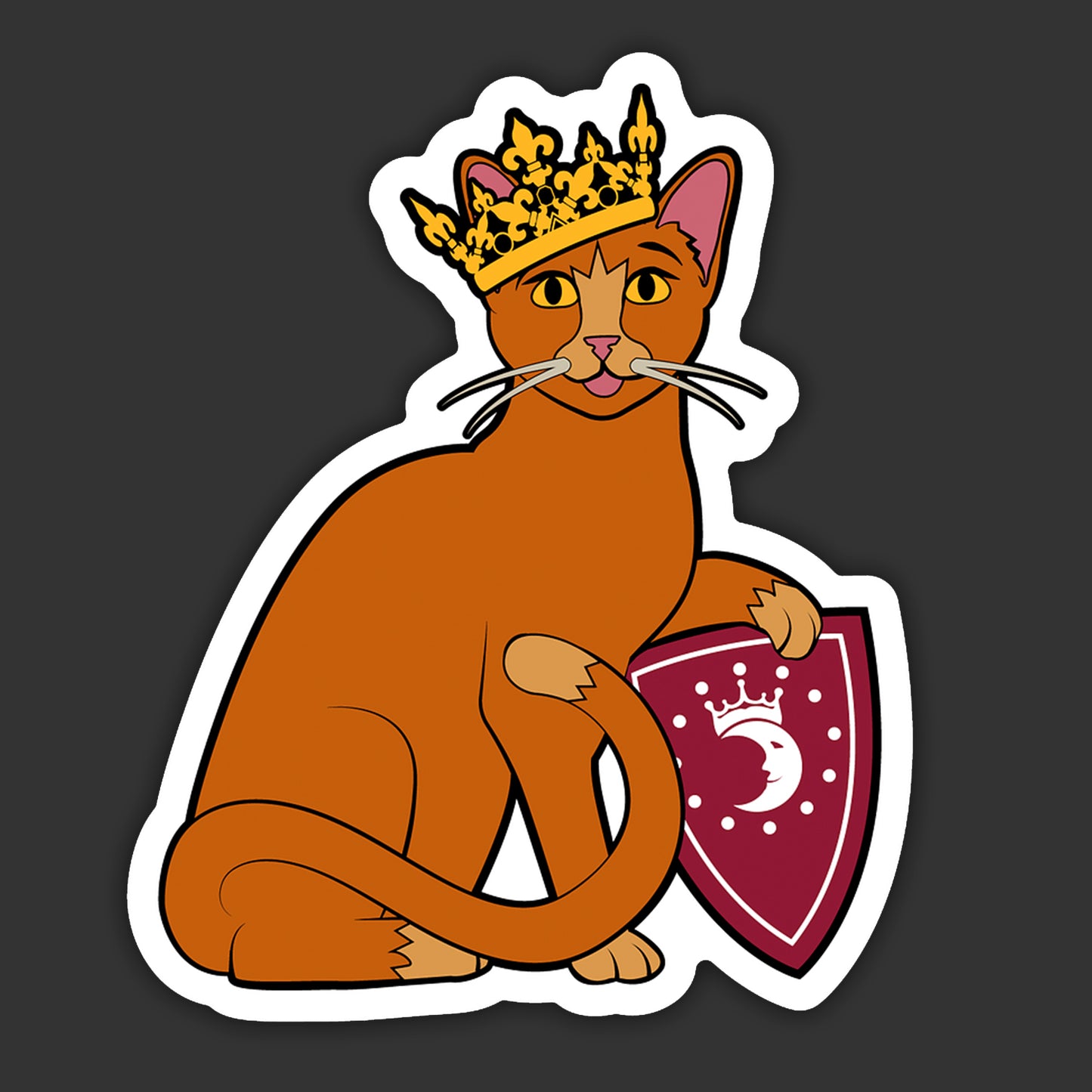 Cat with a crown and shield on a dark background