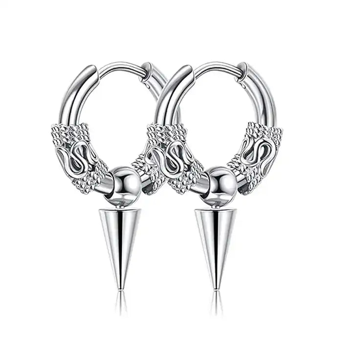 A pair of silver earrings against a white background. The earrings are hoops, with cone-shaped pendants hanging from the bottom edge. At each side of the hoops are small textured cuffs, with a snake-shaped section at the center of each.