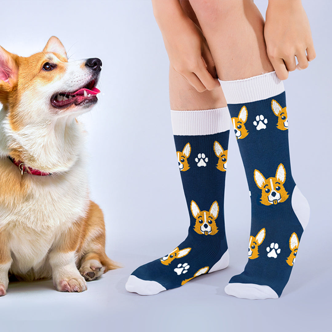 Close up of a model's legs, wearing a pair of medium blue crew socks with white ankles, toes, and cuffs. The socks are printed with a yellow cartoon corgi face and white paw prints all over. A Corgi sits next to the model.