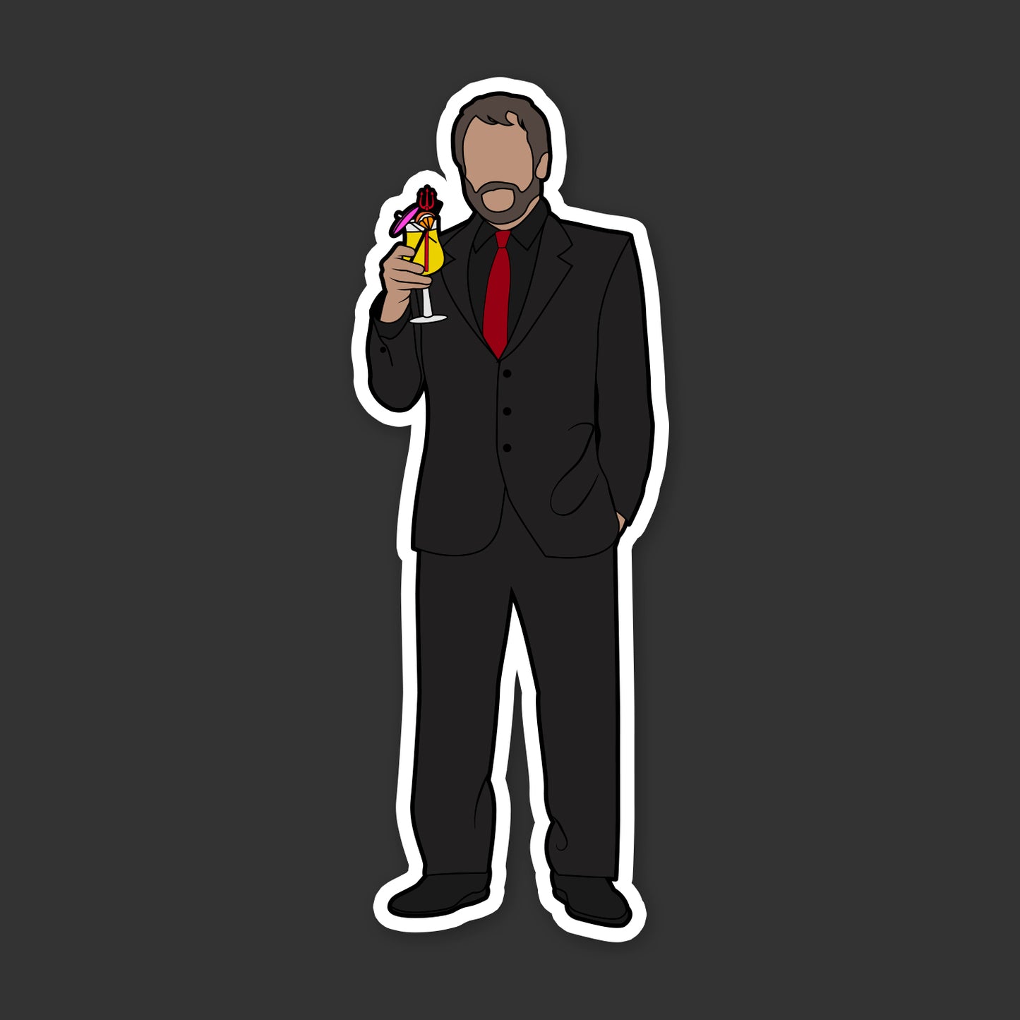Illustration of a man in a suit holding a cocktail on a dark background