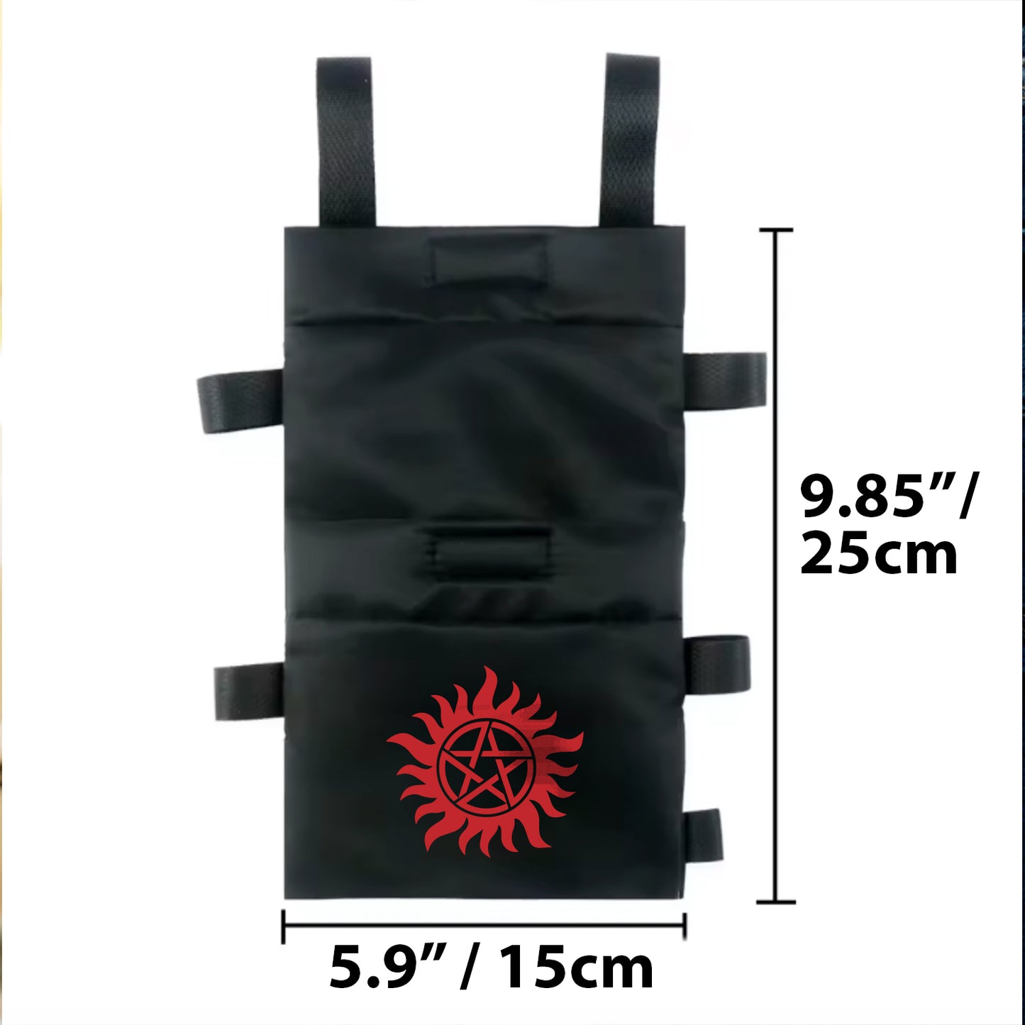 A black nylon pouch against a white background. At the bottom of the pouch is the anti-possession symbol in red. Below and to the right of the pouch are black lines with the measurements in inches and centimeters.