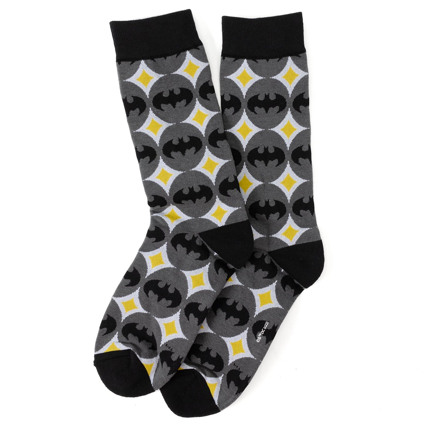 Pair of socks with Batman logo pattern on a white background