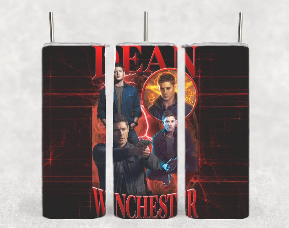 Three tumblers side by side, depicting a collage of Dean Winchester from the TV series "Supernatural." The full image is spread across the three tumblers.