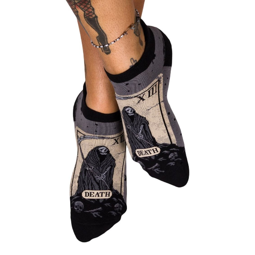 Tarot card-themed socks with 'Death' design on a white background