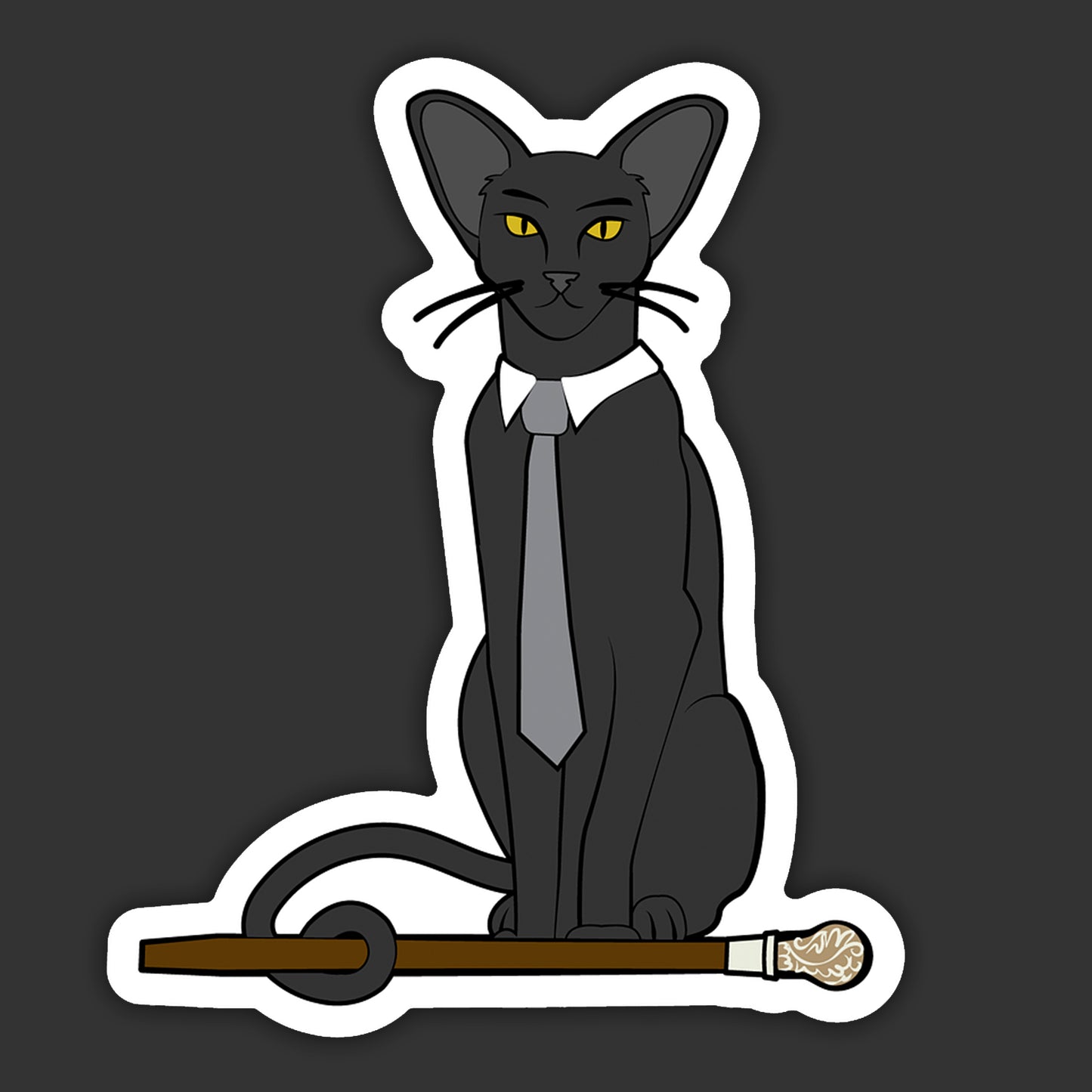 Sticker of a black cat with yellow eyes wearing a tie, sitting on a scroll.