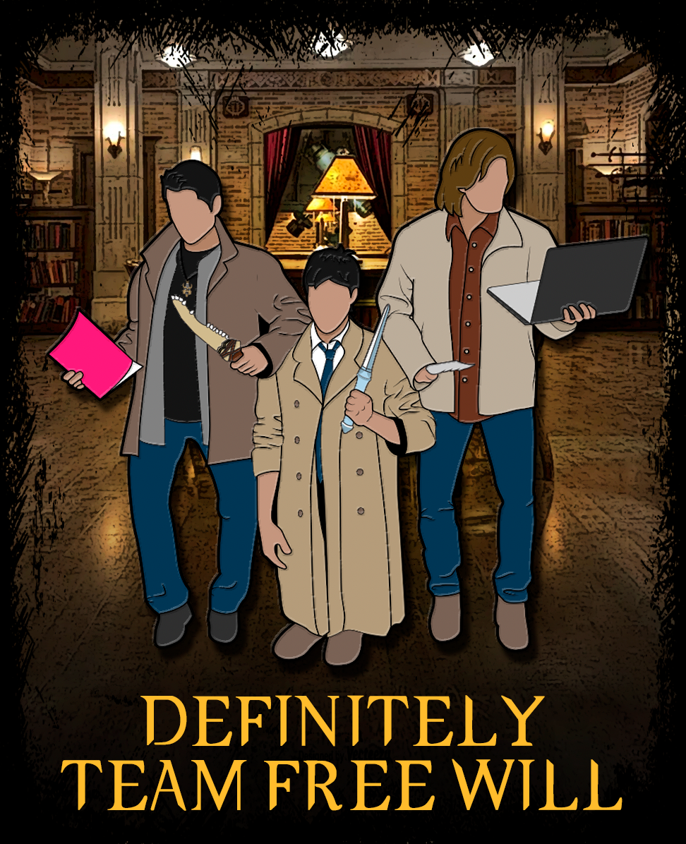 A pin depicting the three main characters from the TV series "Supernatural," but with the actors dressed in each others' costumes. In the center is Jared as Castiel, on his knees to appear shorter. Yellow text at the bottom says "Definitely team free will."