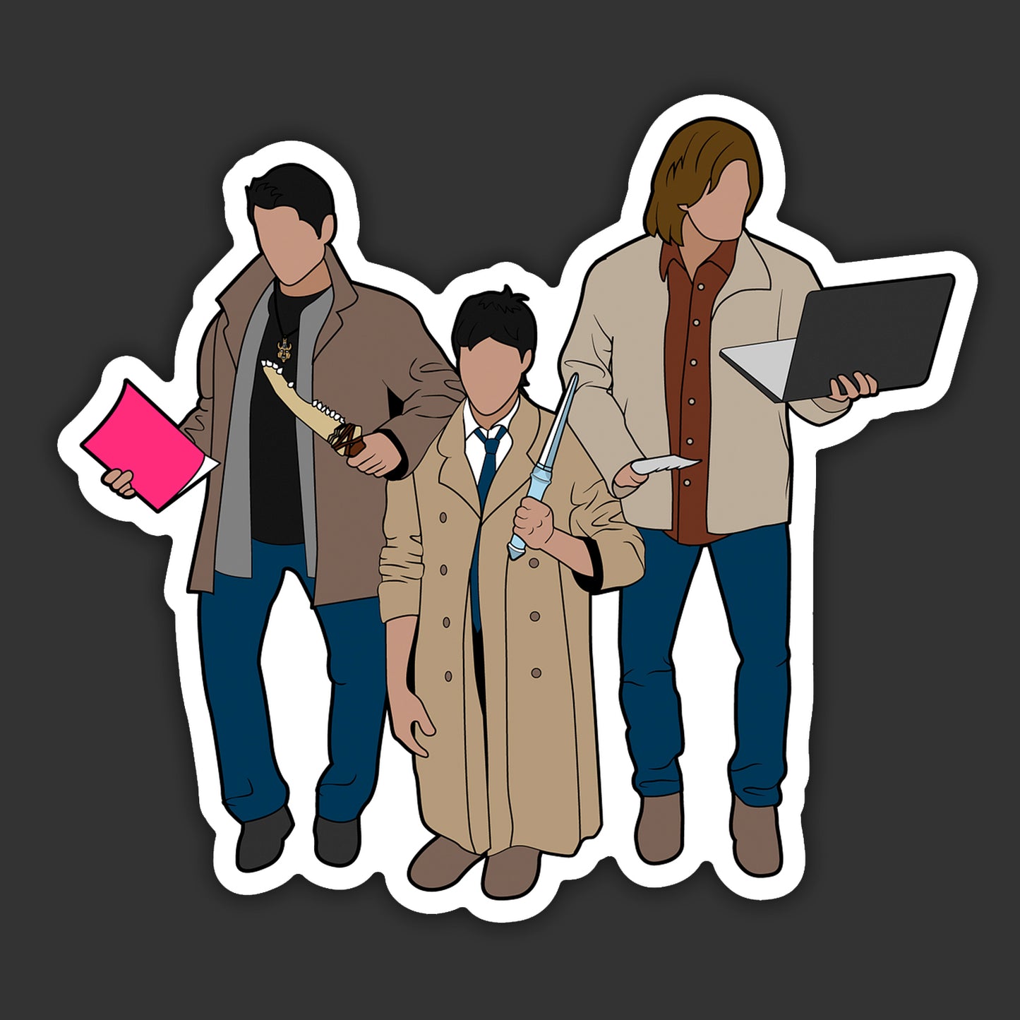 Illustration of three characters in detective outfits with props on a black background