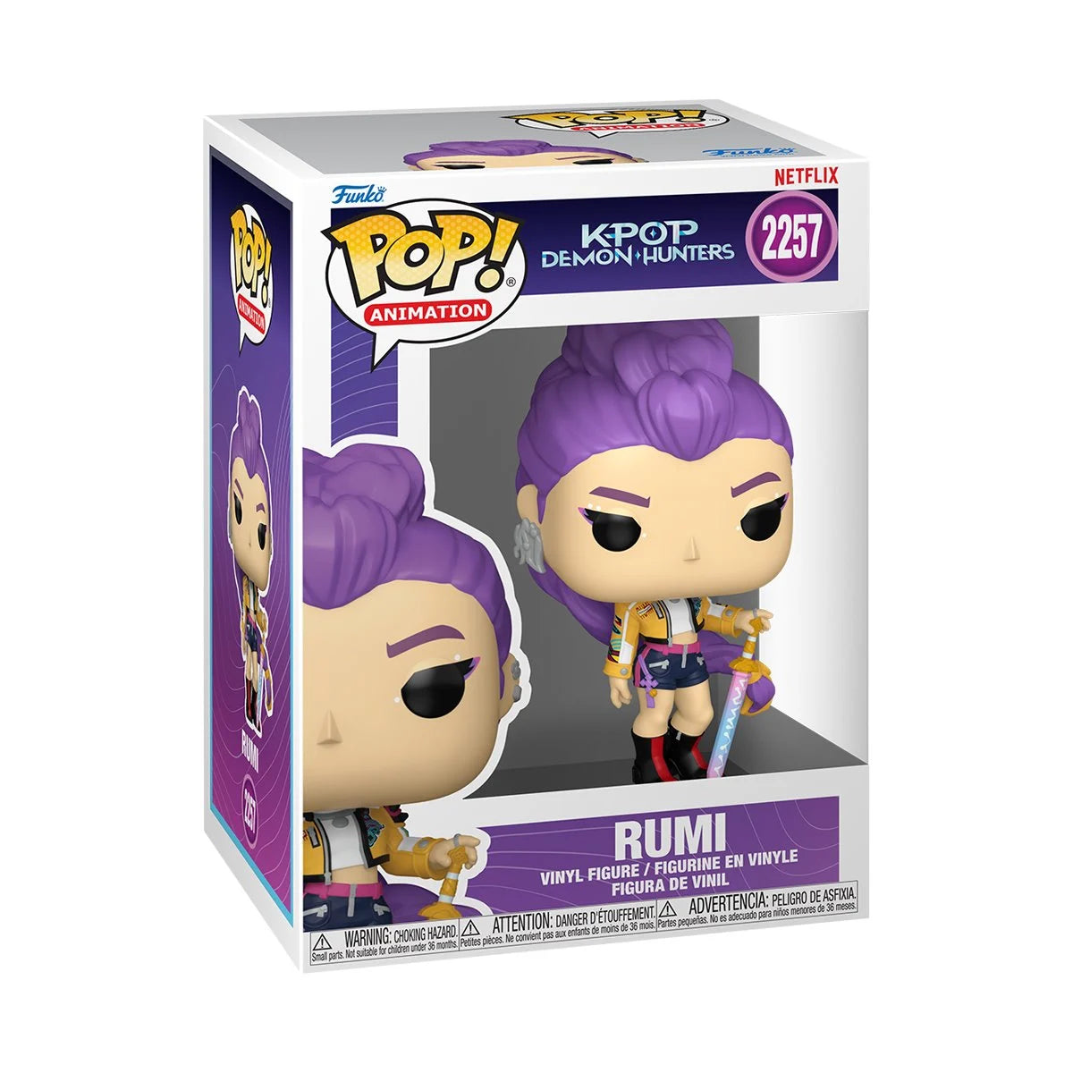 A Funko Pop! vinyl figurine depicting the character Rumi from "KPop Demon Hunters." The figurine is in a Funko package with a window display.