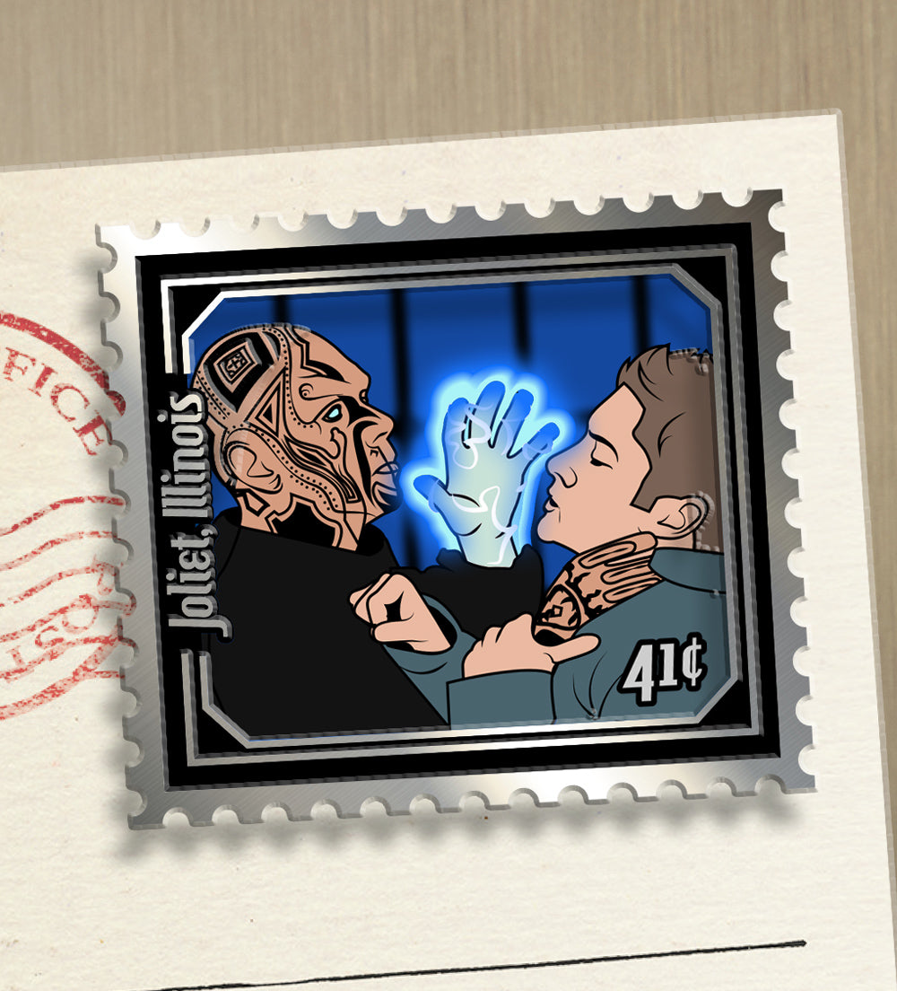 Illustration of two people facing each other with a blue hand gesture on a postage stamp design.