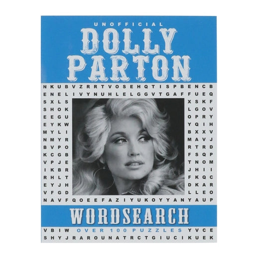 A blue and grey paperback book on a white background. In the center is a black and white photo of musician Dolly Parton, surrounded by random letters. At the top and bottom are blue banners. White text says "unofficial Dolly Parton Wordsearch."