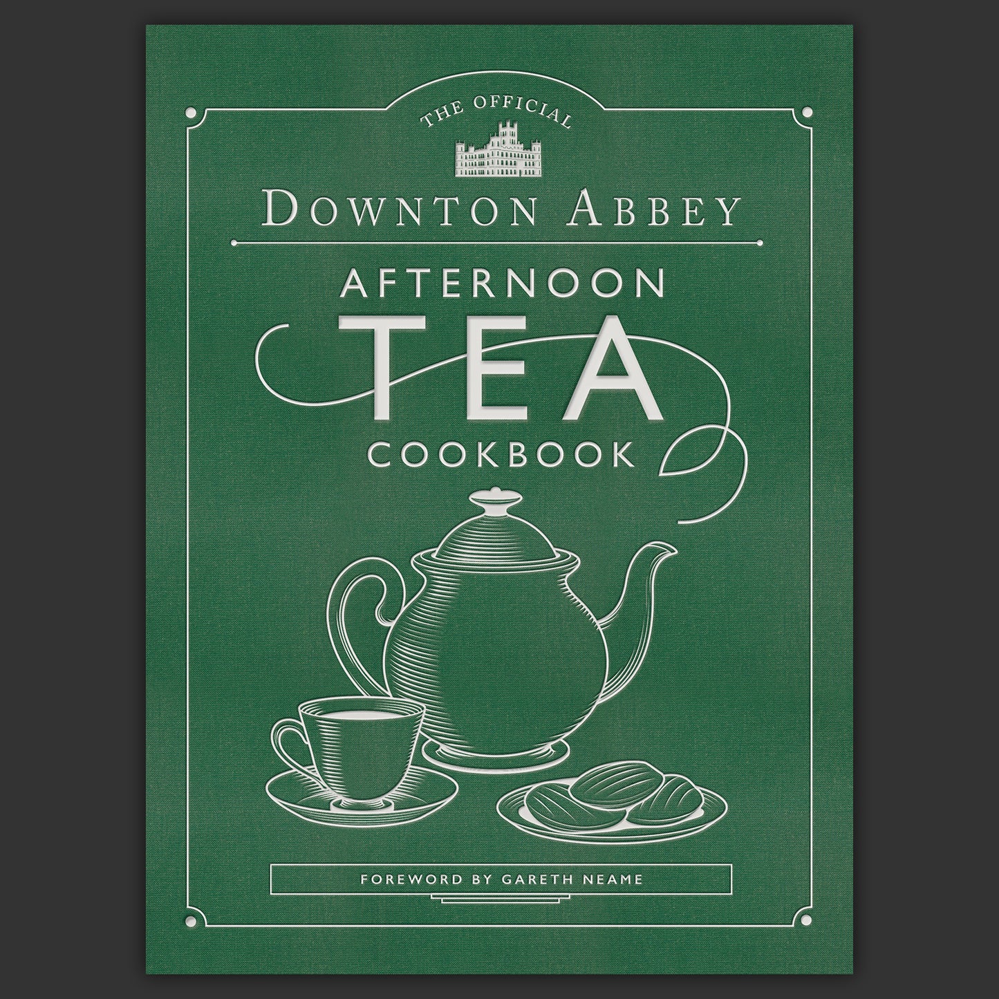 Green cover of 'The Official Downton Abbey Afternoon Tea Cookbook' with teapot and cup illustration.