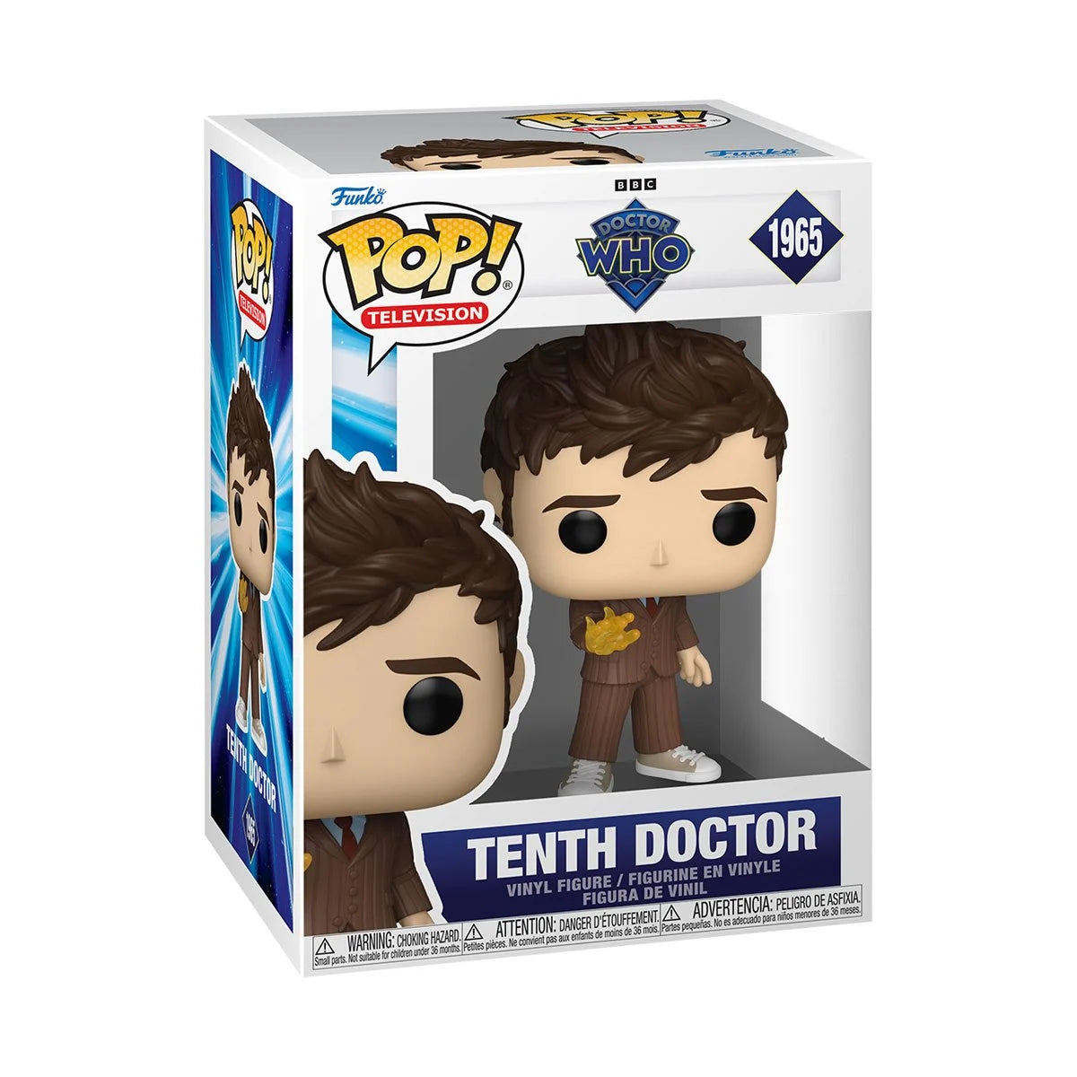 A Funko Pop! figure depicting the Tenth Doctor from Dr. Who in a cardboard display box