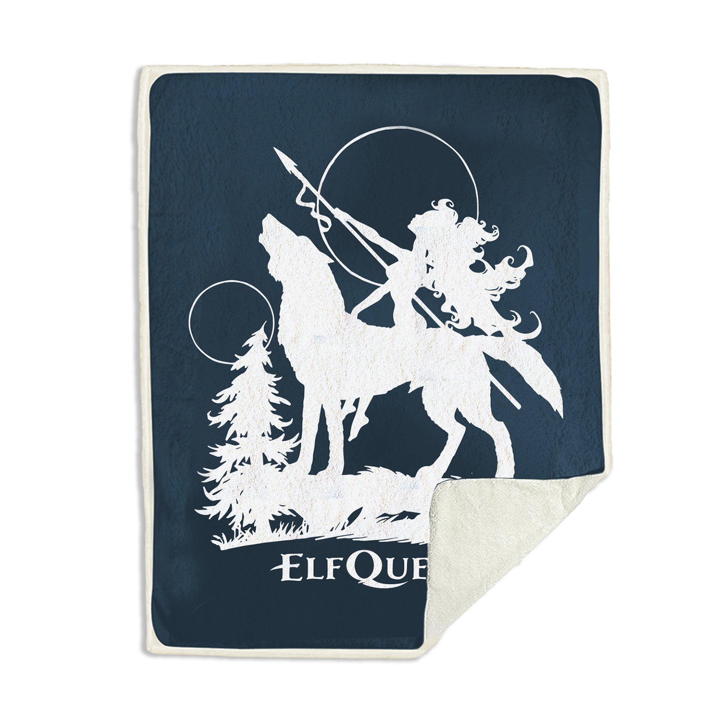 A blue and white sherpa blanket on a white background. The blanket features a white silhouette drawing of the character Nightfall, astride her wolf companion Spar. Nightfall is holding a spear. Behind her is a tree, with two moons in the sky. Underneath them is white text saying "ElfQuest."