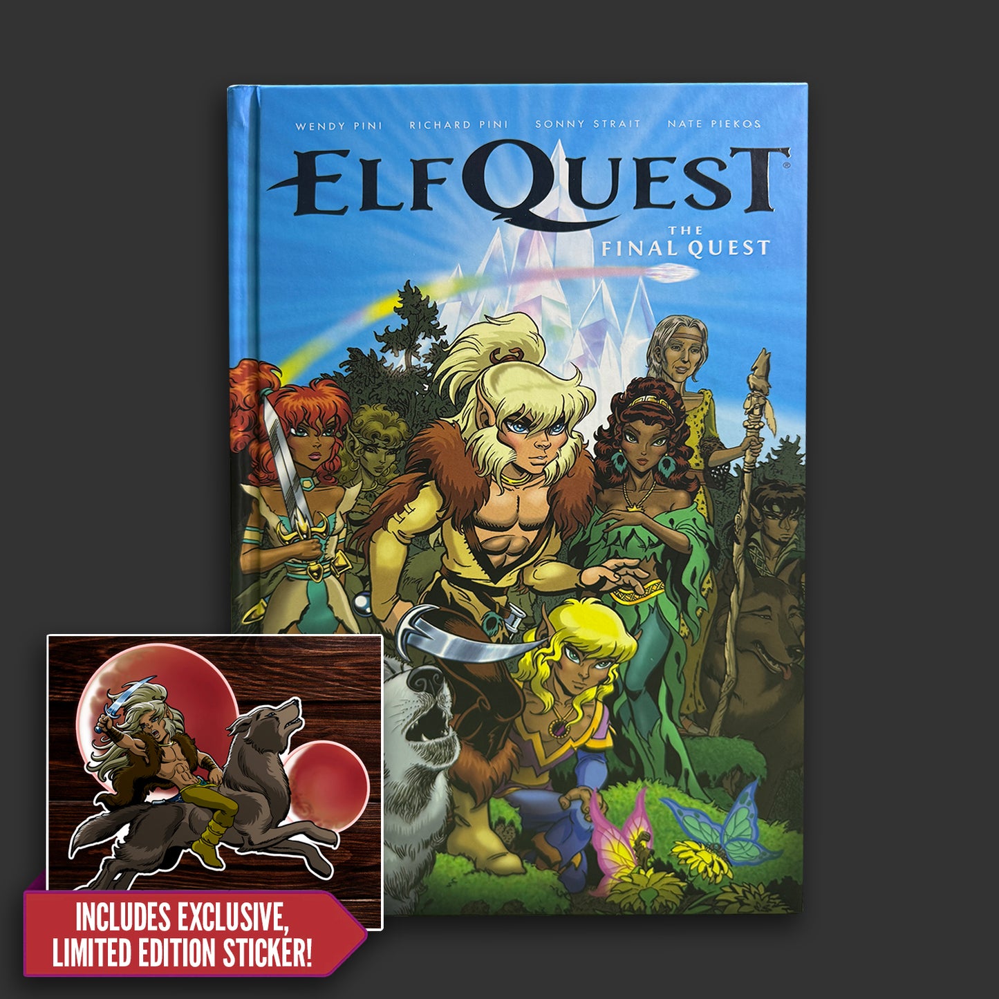 Book cover of 'ElfQuest: The Final Quest' featuring ElfQuest characters and a wolf. The book is on a dark grey background. Inset at the bottom left is a sticker depicting the character Cutter riding his wolf, Nightrunner
