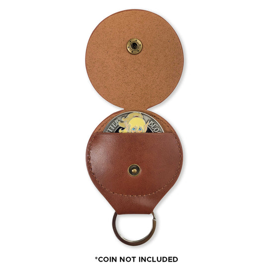 A round, leathery coin holder with a key ring, spread open. In the coin holder slot, the top edge of a brass coin is partially sticking out, with the top of a blonde elf’s head visible. A brass snap fastener is in the center of each section of the coin holder. Black text below the coin holder says “coin not included.”