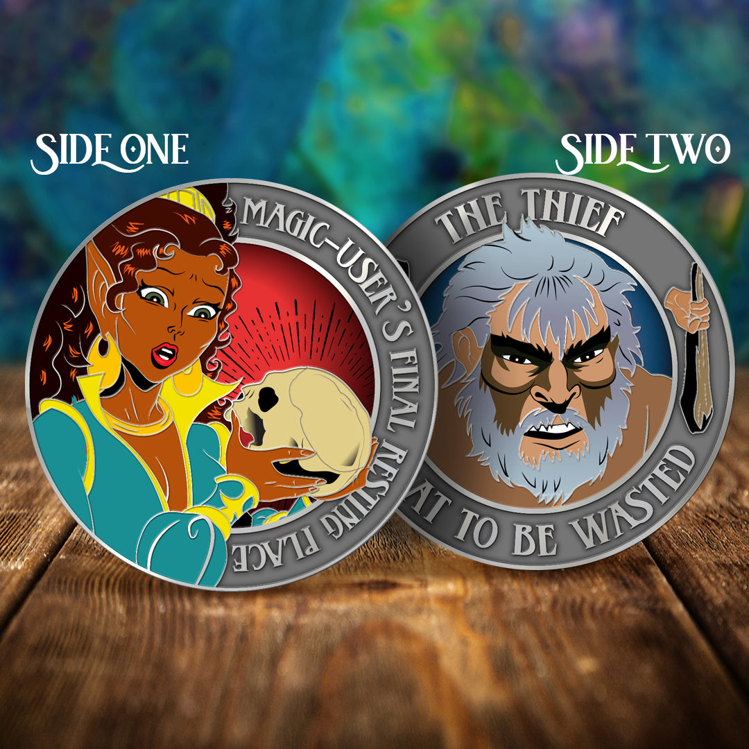 Two sides of a coin with ElfQuest illustrations and text on a wooden surface and colorful background