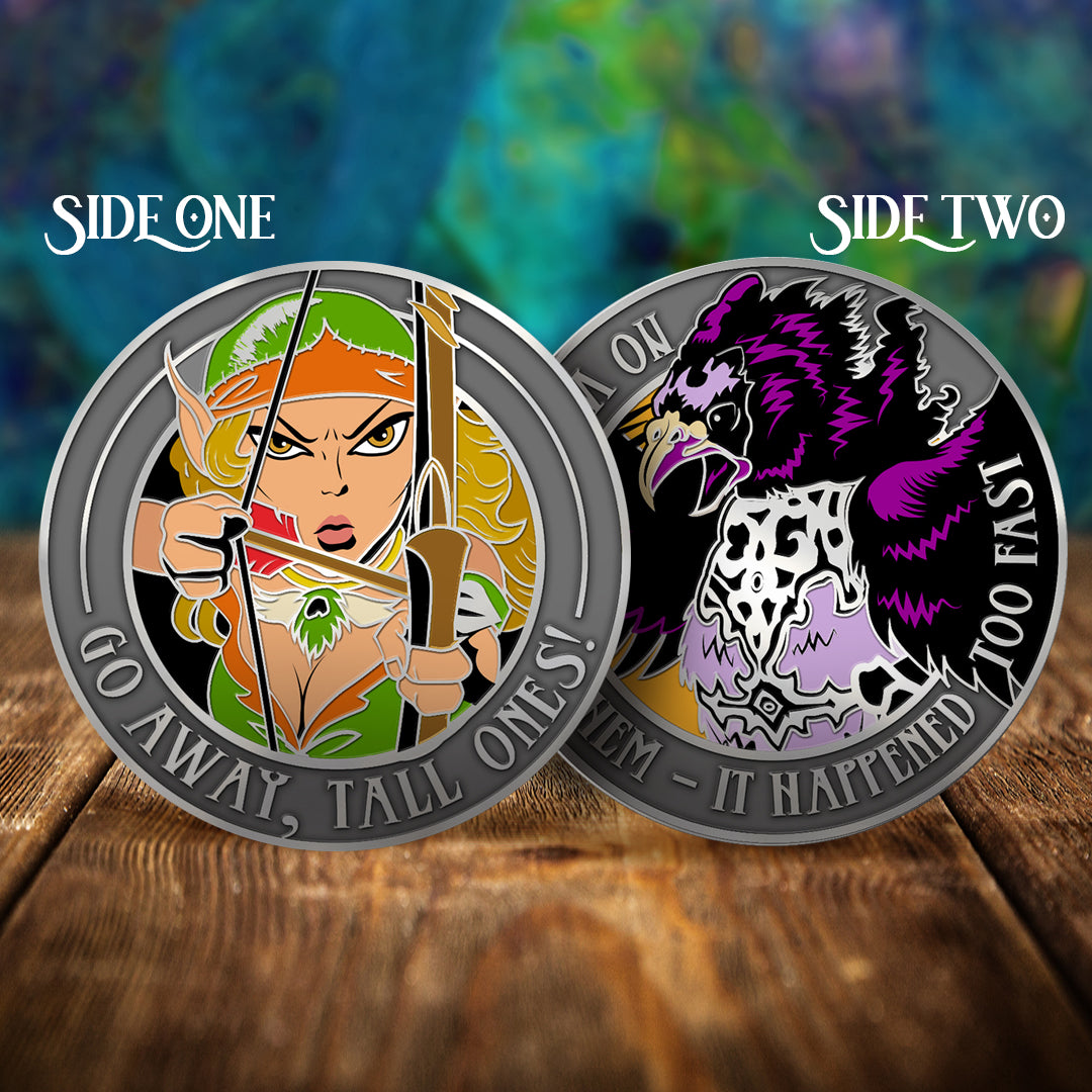 Two sides of a coin with ElfQuest illustrations and text on a wooden surface and colorful background