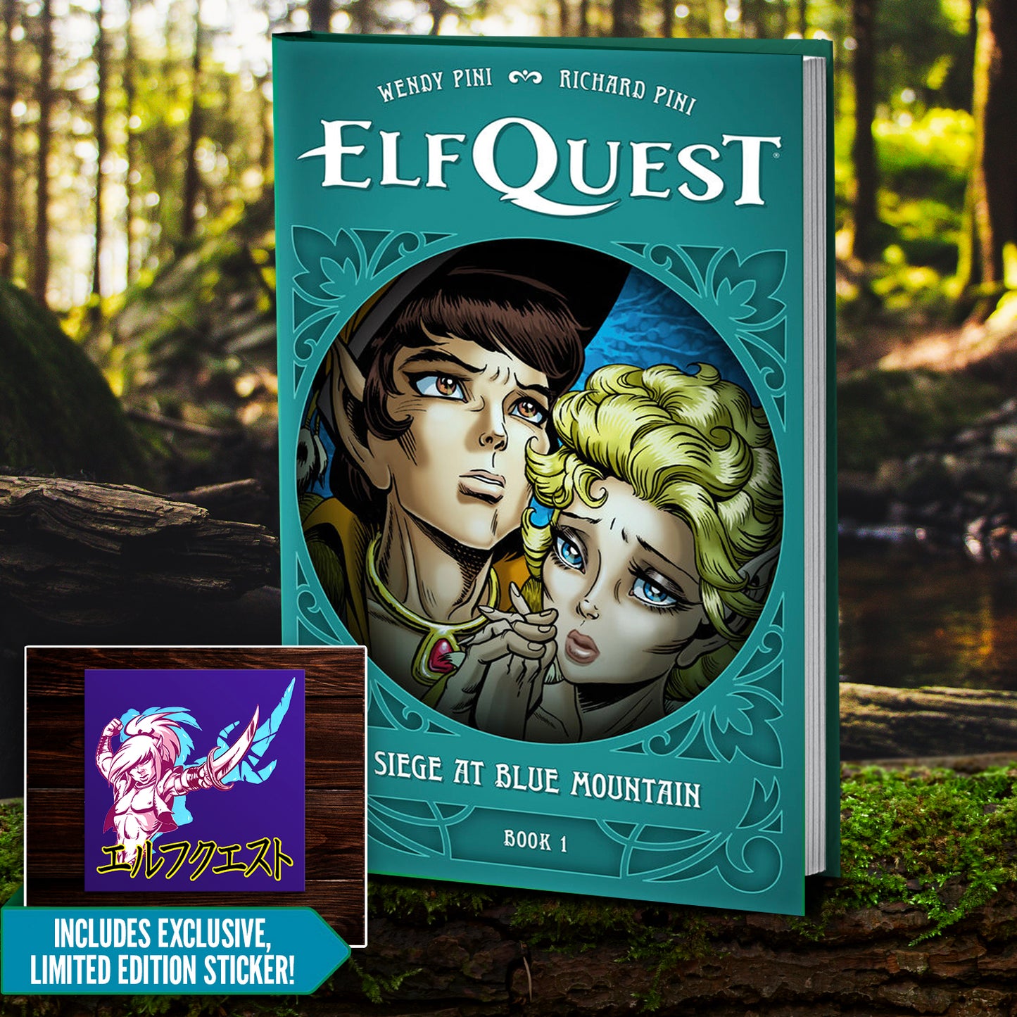 Elfquest graphic novel book cover titled 'Siege at Blue Mountain, Book 1' shown standing upright outdoors on a log with a forest stream in the background. A small inset shows an exclusive limited edition sticker included with the book.