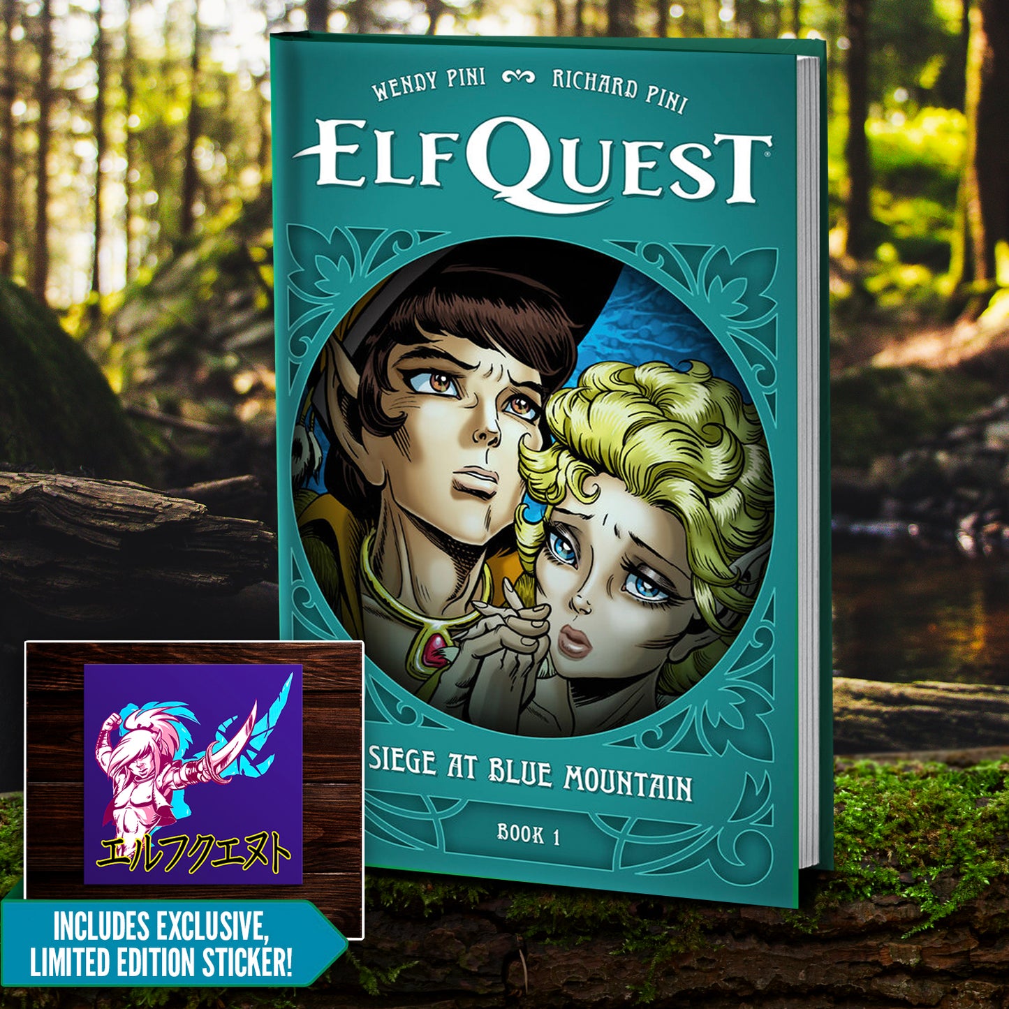 Elfquest graphic novel book cover titled 'Siege at Blue Mountain, Book 1' shown standing upright outdoors on a log with a forest stream in the background. A small inset shows an exclusive limited edition sticker included with the book.