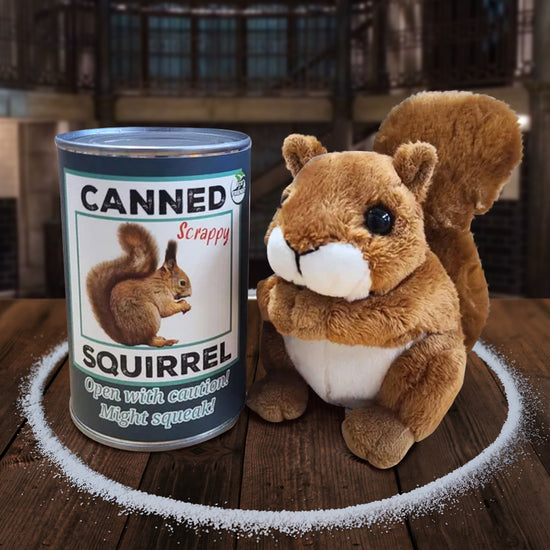 A squirrel plushie next to a blue can, on a wooden table. The front of the can has a picture of a squirrel, with black and light blue text that says "canned squirrel. Open with caution! Might squeak!" A circle of salt surrounds the plushie and can. In the background is The Bunker.