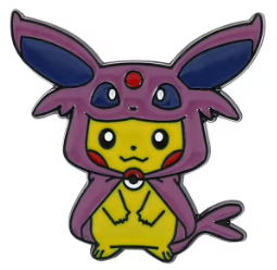 An enamel pin depicting the Pokemon character Pikachu dressed as Espeon.
