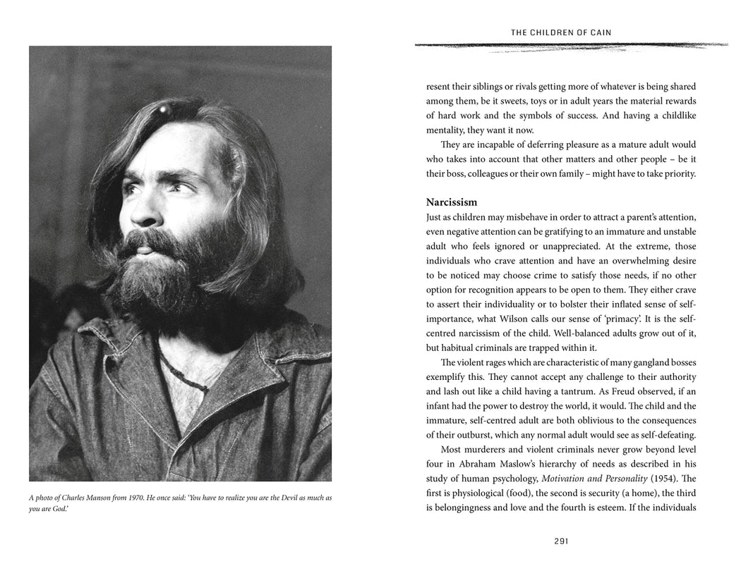 A two page spread from the book. On the left is a black and white photograph of Charles Manson. On the right is black text describing his life and crimes.