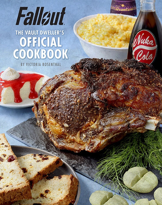 A hardcover cookbook. Across the cover are various recipes from the book, including a roast meat dish, bread, and cheesecake. At the top left corner is black and white text that says "Fallout. The Vault Dweller's Official Cookbook."