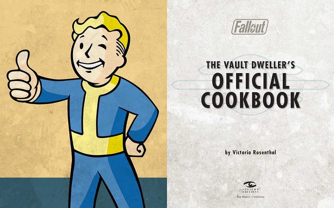 A two-page spread from the book. On the left is a blue and yellow cartoon drawing of a smiling man in a radiation suit, holding out his thumb, with one eye closed. On the right is the book's title page. Black text says "Fallout. The Vault Dweller's Official Cookbook."