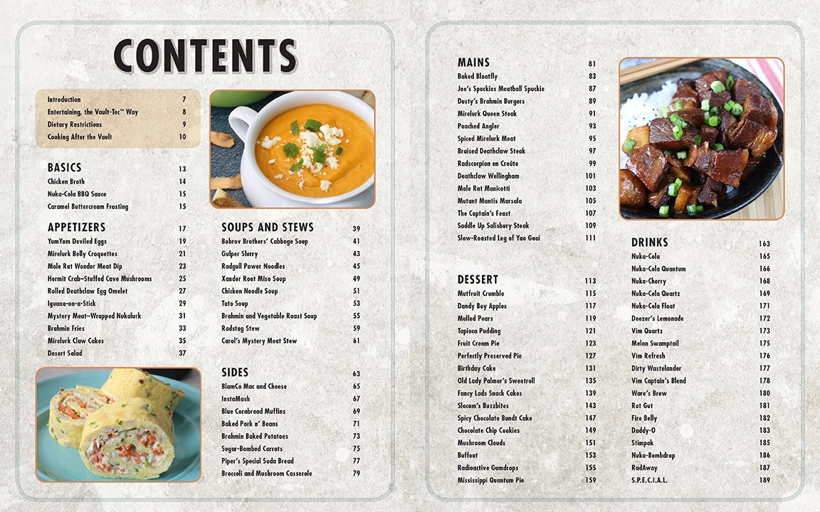 A two-page spread from the book listing the table of contents, divided into categories such as appetizers, desserts, and drinks. 