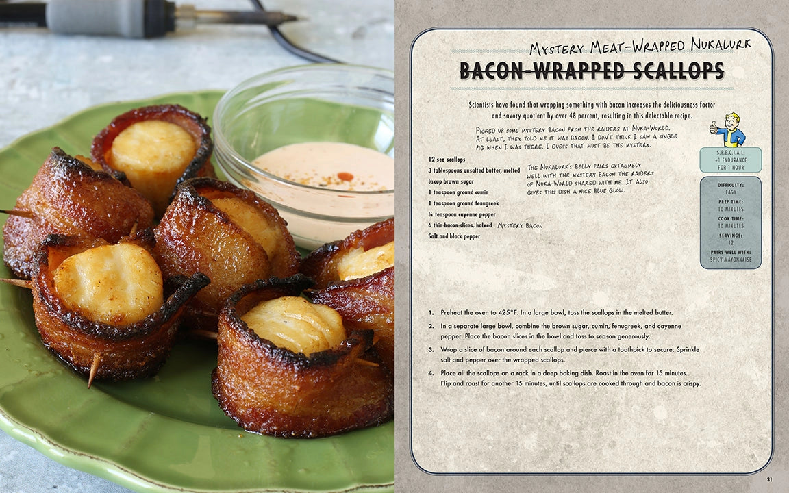 A two-page spread from the book. On the left is an image of bacon wrapped scallops. On the right is the recipe.