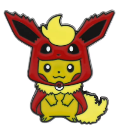An enamel pin depicting the Pokemon character Pikachu dressed as Flareon.