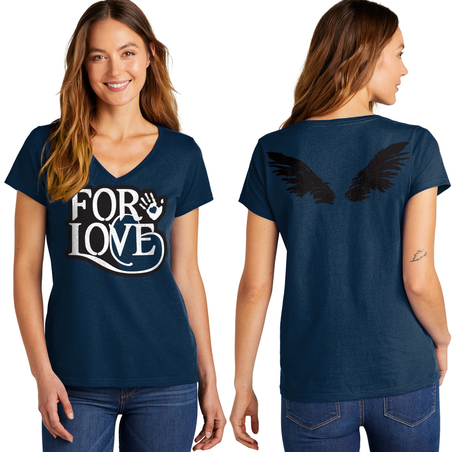 Navy blue t-shirt with 'FOR LOVE' text and wing designs on a white background