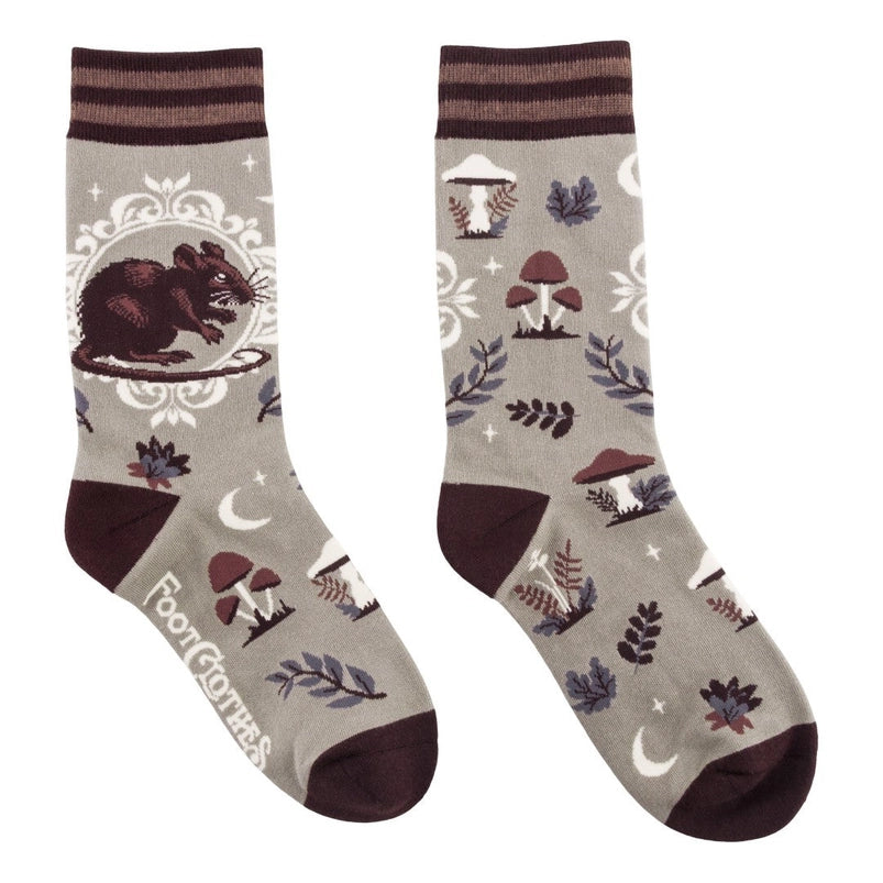 A pair of crew length grey socks. The socks feature a pattern of brown and white mushrooms, with a brown rat on the side.