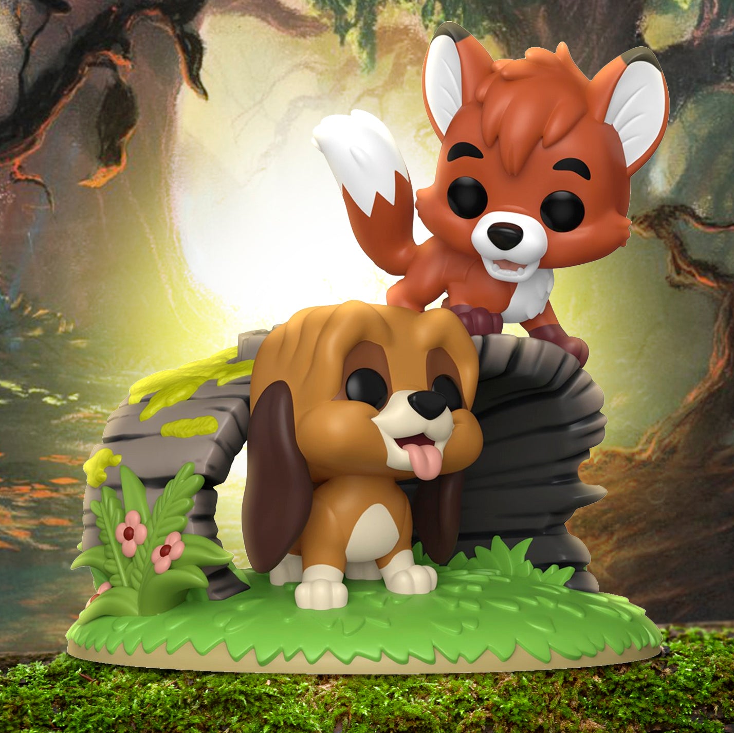 A miniature statue depicting Tod and Copper from The Fox and the Hound. Tod is standing on a hollow tree trunk, and Copper is just below him in the grass. Behind the statue is a forest in sunlight.