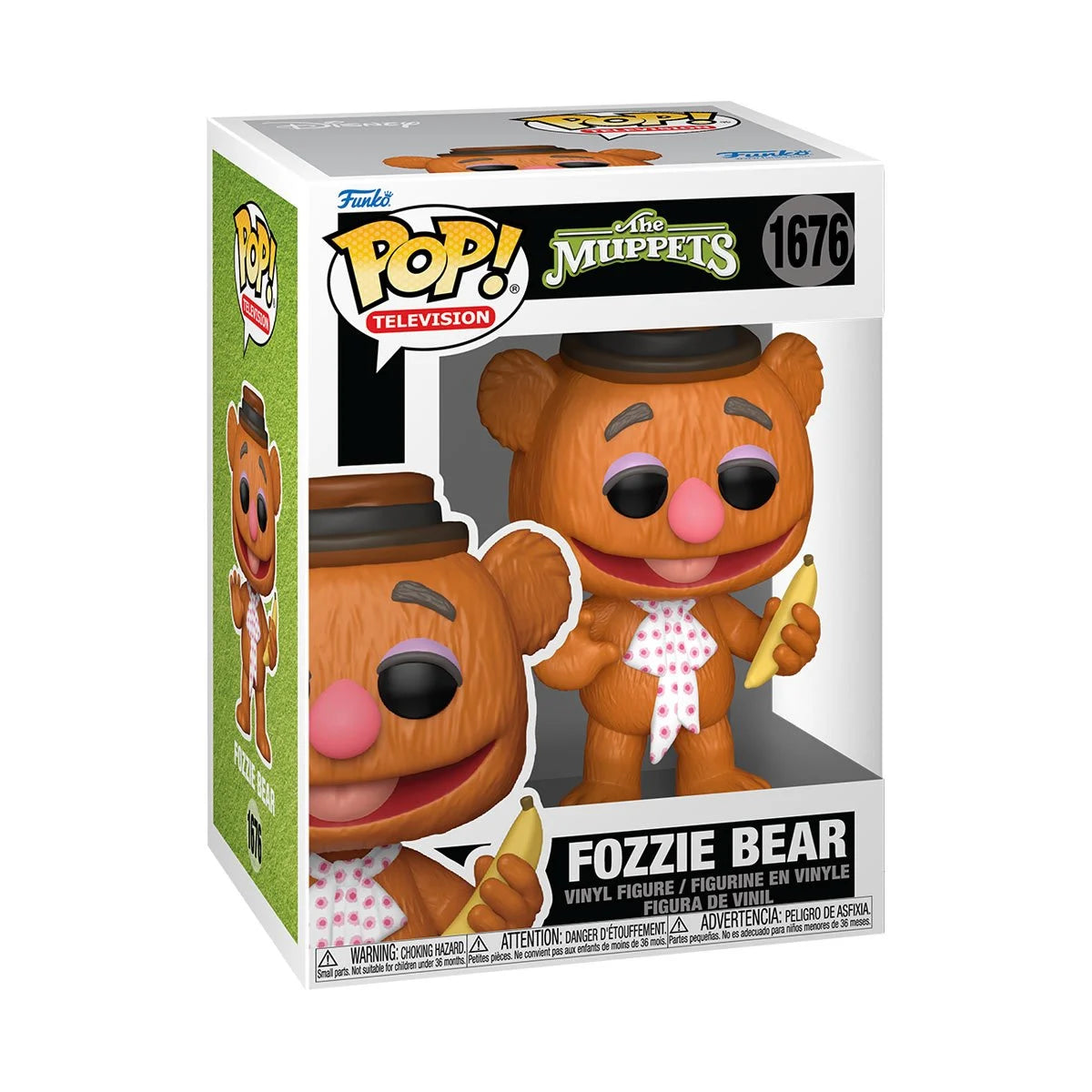 A cardboard box with a transparent front, containing a bobblehead figure depicting Fozzie Bear holding a a banana and wearing his signature polka-dot tie and porkpie hat.