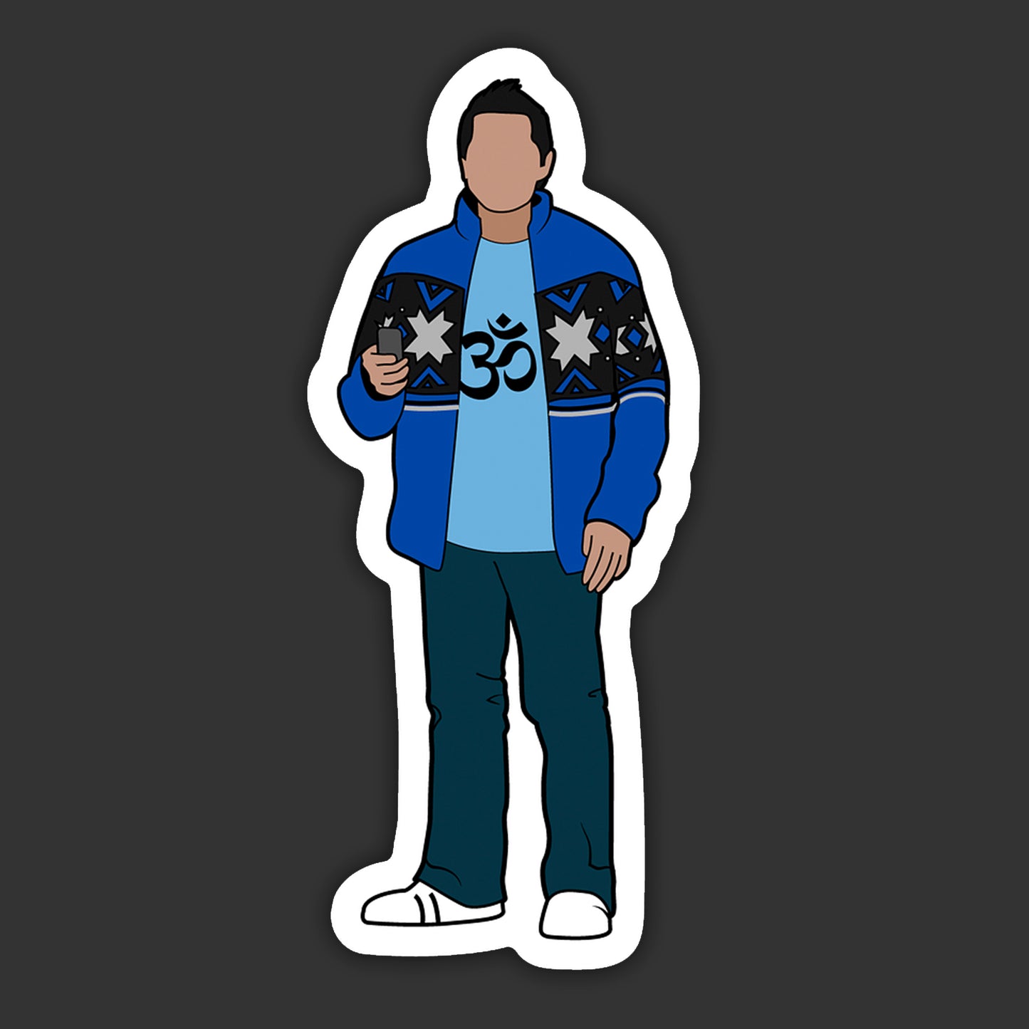 Sticker of a person wearing a blue jacket with star patterns on a dark background