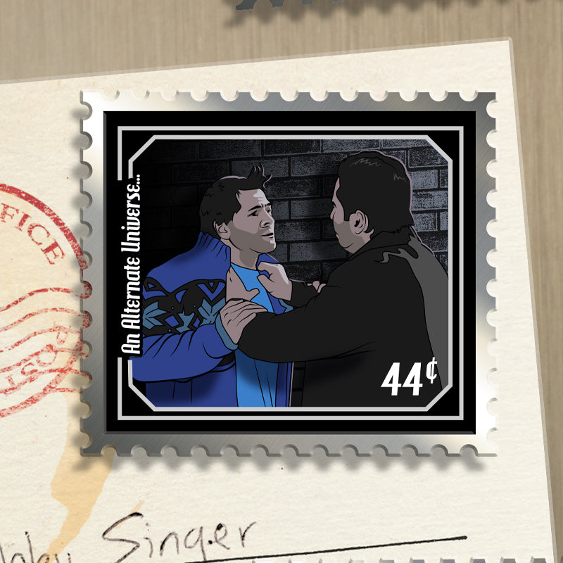 A postage stamp featuring an illustrated scene from 'An Alternate Universe.