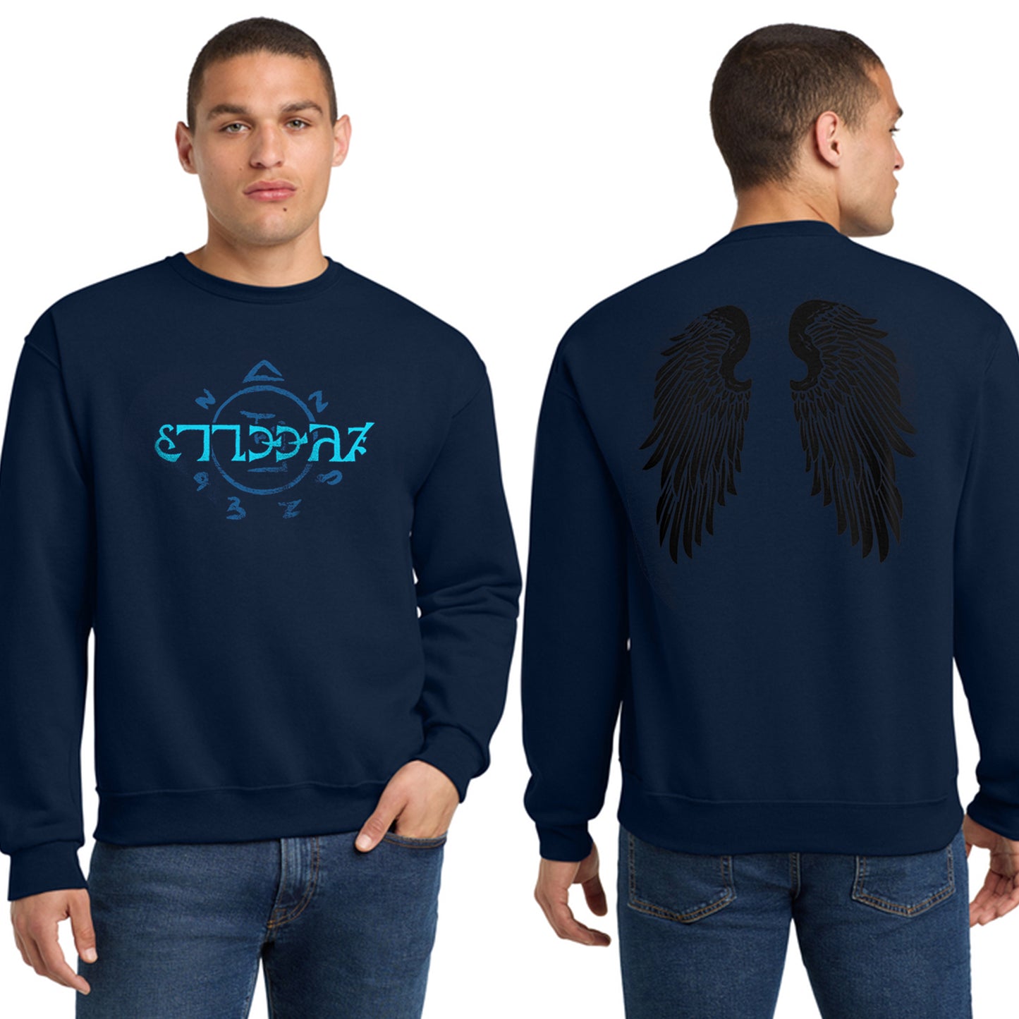 Front and back images of a model wearing a navy blue sweatshirt. The front of the shirt has light blue runes, which spell out the word "funnier" in the angelic language Enochian. The back of the shirt has a pair of large black angel wings.