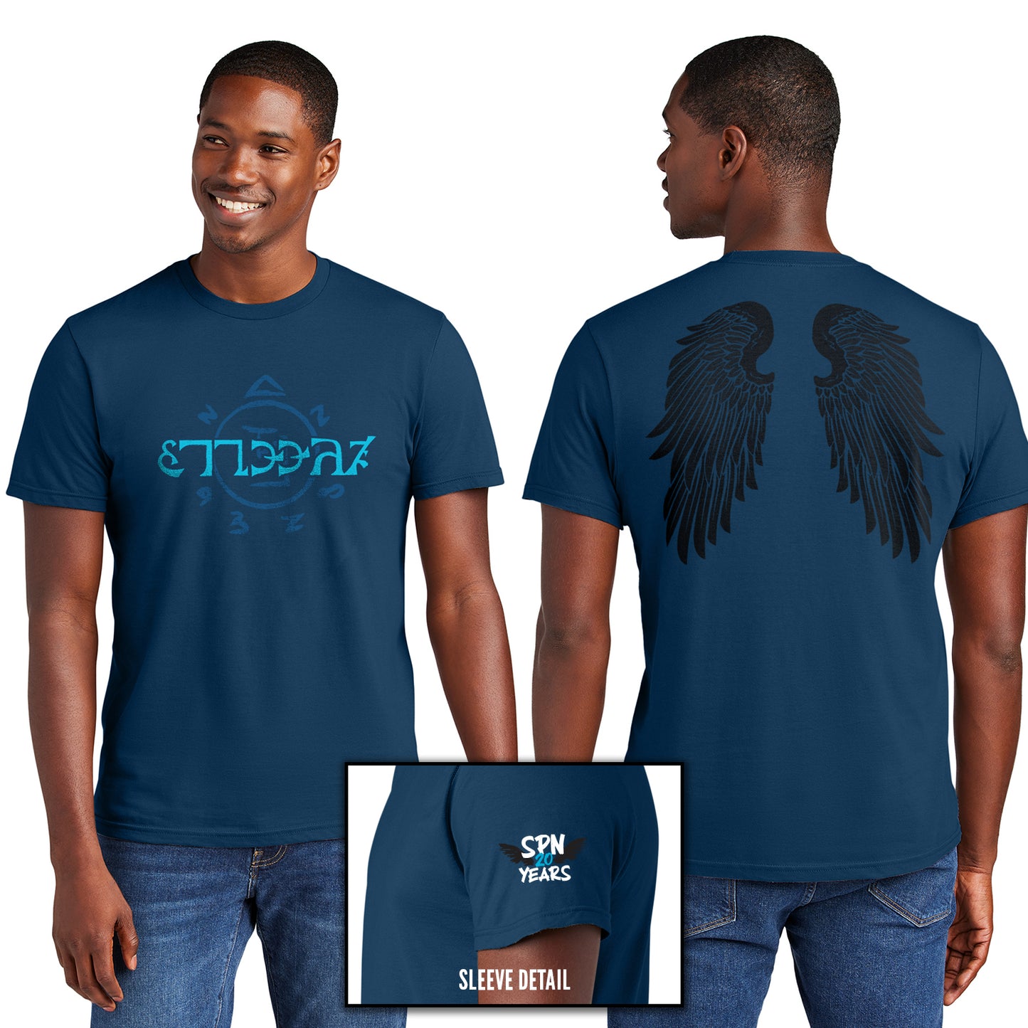 Front and back images of a model wearing a blue t-shirt. The front of the shirt has light blue runes, which spell out the word "funnier" in the angelic language Enochian. On the left sleeve is a pair of black wings with white and blue text that says "SPN 20 years." The back of the shirt has a pair of large black angel wings.