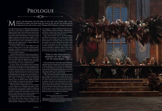 A two-page spread from the book. Both pages depict characters from the series sitting at a large table, sharing a meal. Text on the left describes the prologue to the series.