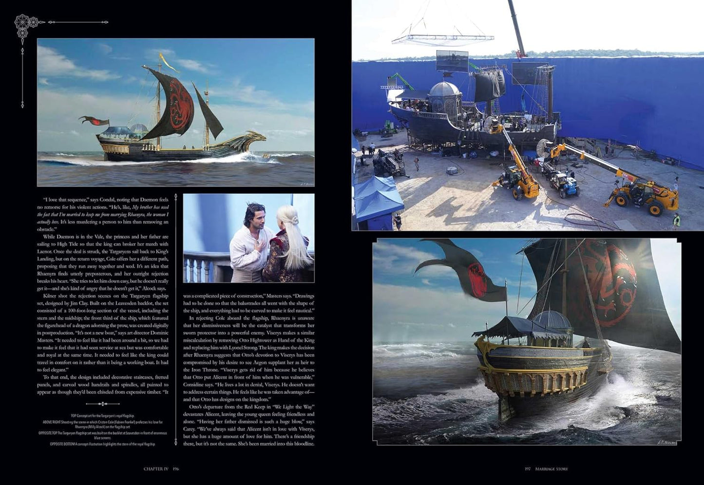 A two-page spread from the book. The images depict a warship at sea, with the top show showing a behind-the-scenes look at how the visual effects were created. A description of the scene is on the left page.