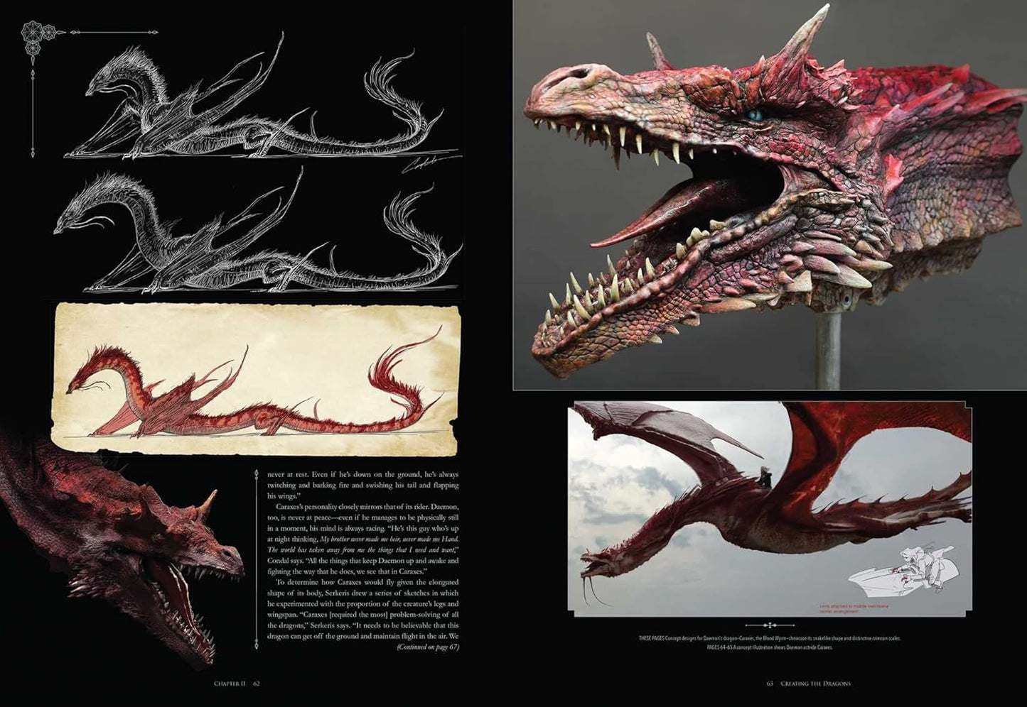 A two-page spread from the book, showing various images and drawings of a red dragon. At the bottom left if a description in grey text.