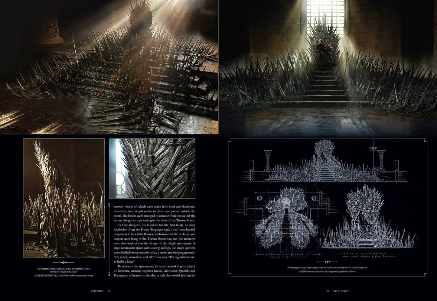 A two-page spread from the book showing The Iron Throne from various angles. On the right is a line drawing of the throne in the design stage. At the bottom left is a description in grey text.