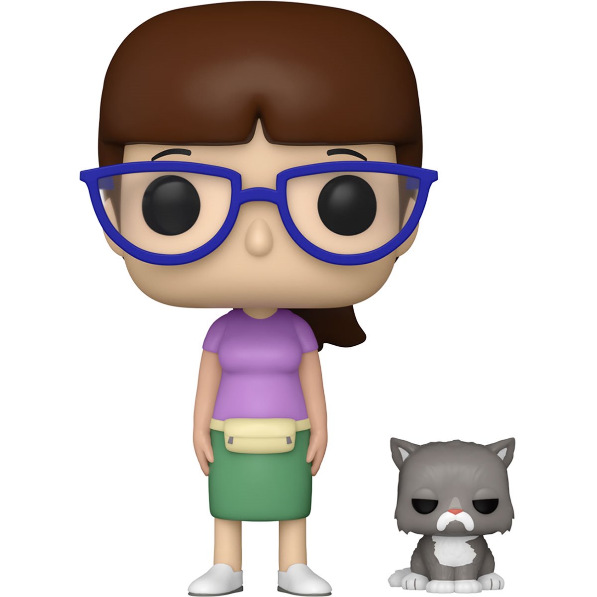 A pair of bobblehead figures depicting Gayle and Mr. Business from Bob's Burgers, against a white background. Gayle has a purple shirt and green skirt.
